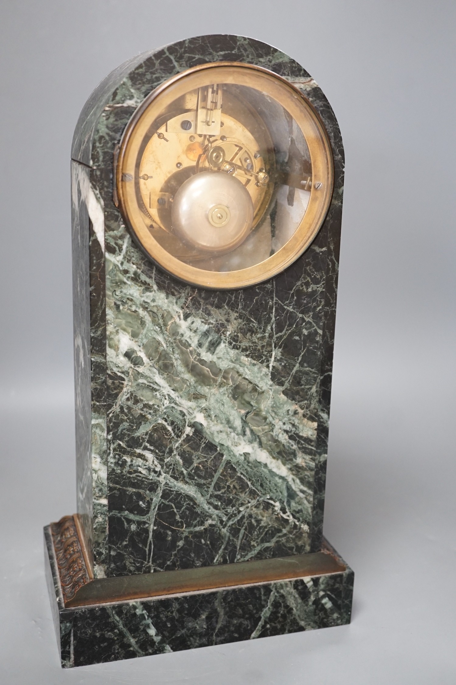 A 19th century French bronze mounted dome topped, green marble mantel clock, Height 39 cm